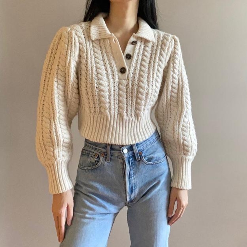 ZARA Jewel Cable Knit Polo Collar Cropped Sweater